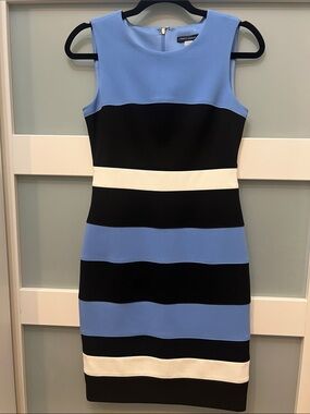 Tommy Hilfiger Sleeveless Blue, Black & White Striped Midi Sheath Dress